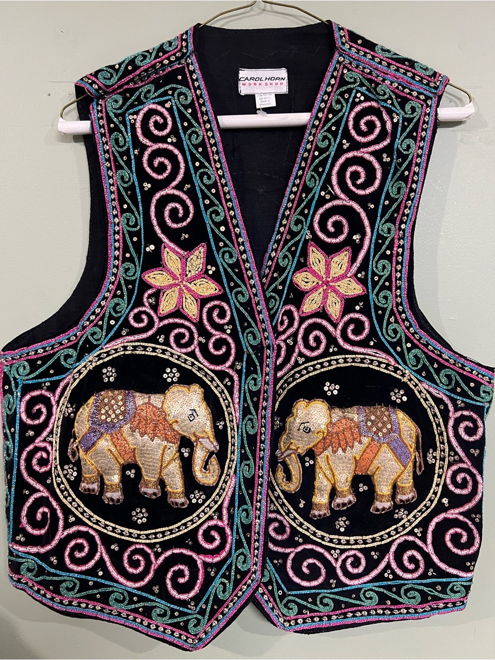 vintage Carol Horn Workshop black velvet vest featuring dimensional embroidered